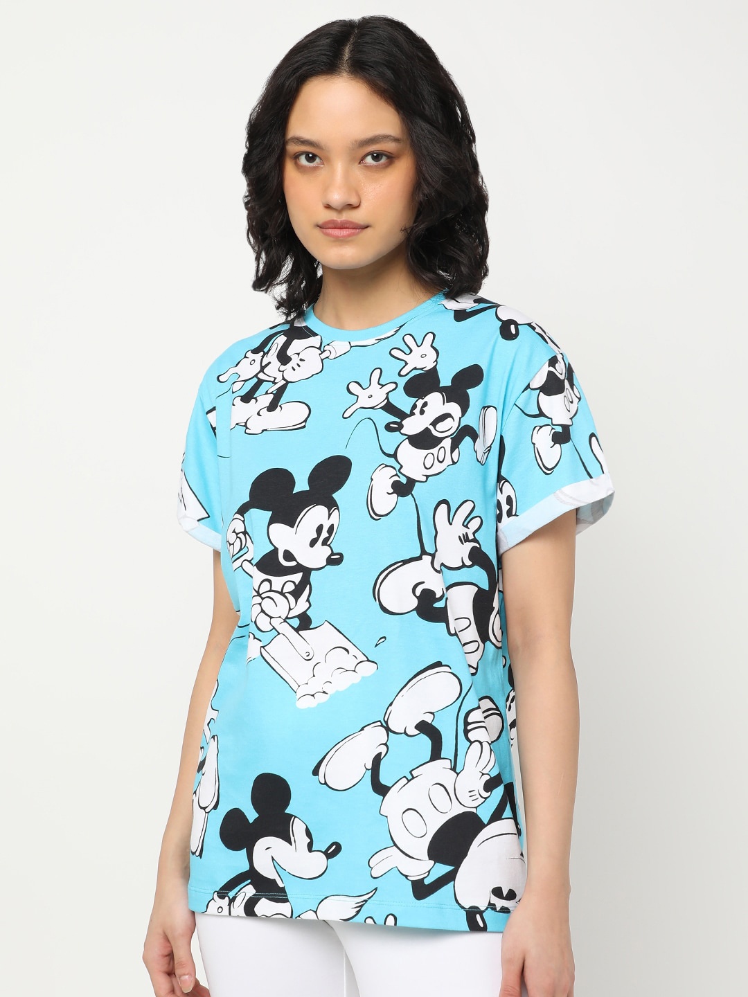 

Bewakoof Women Blue Mickey Mouse Printed Drop-Shoulder Sleeves T-shirt