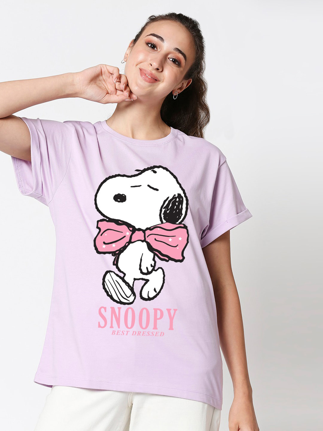 

Bewakoof Snoopy Graphic Printed Boyfriend T-shirt, Lavender
