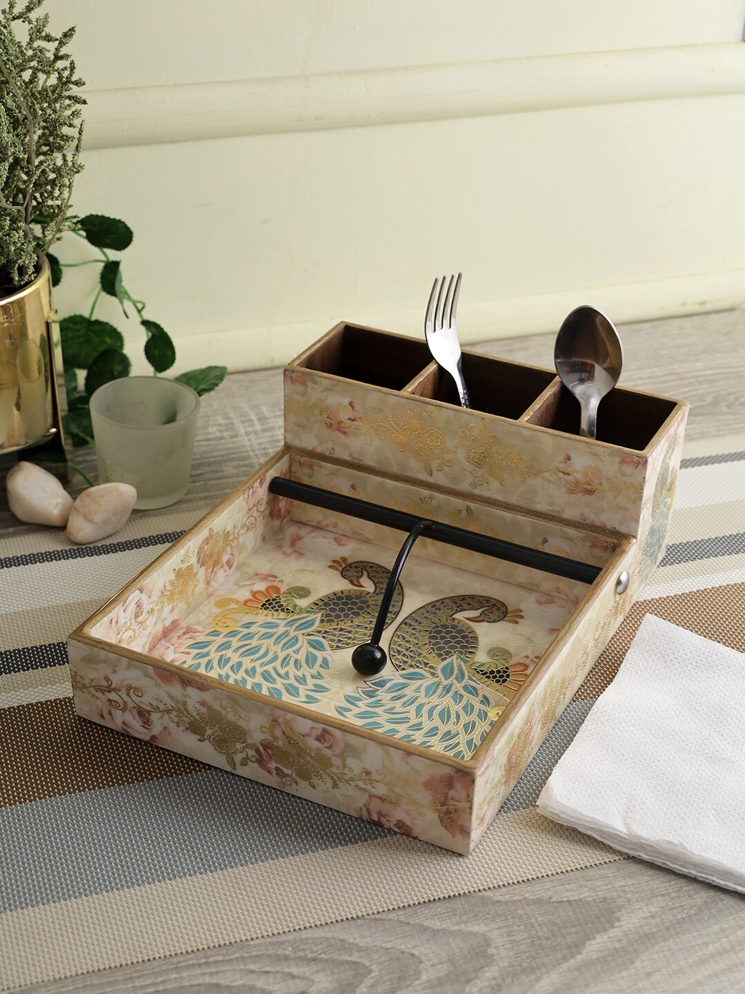 

eyda Beige Digital Printed MDF Cutlery & Tissue Holder