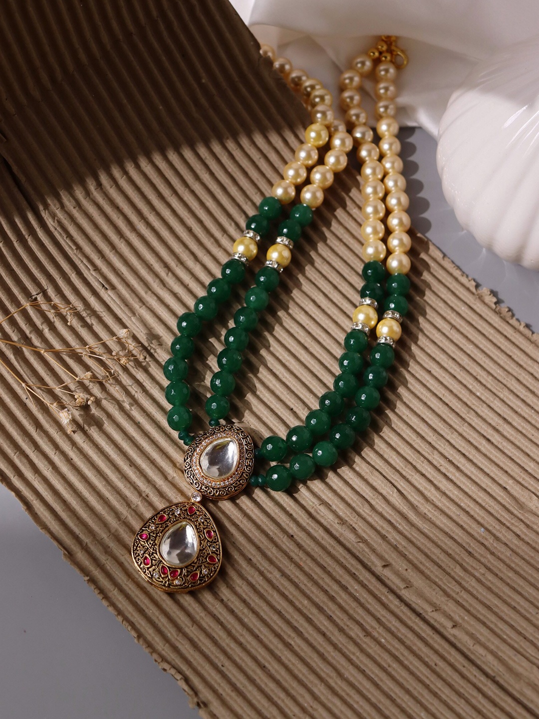 

CURIO COTTAGE Gold-Plated & Green Double Layered Necklace