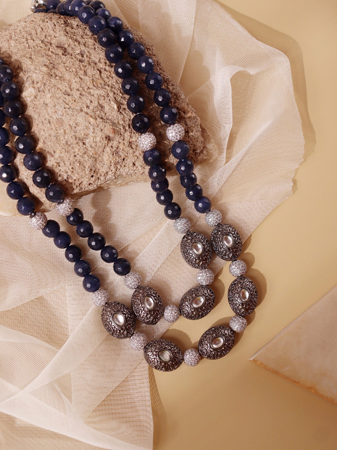 

CURIO COTTAGE Navy Blue & Silver-Toned Rhodium-Plated Handcrafted Necklace