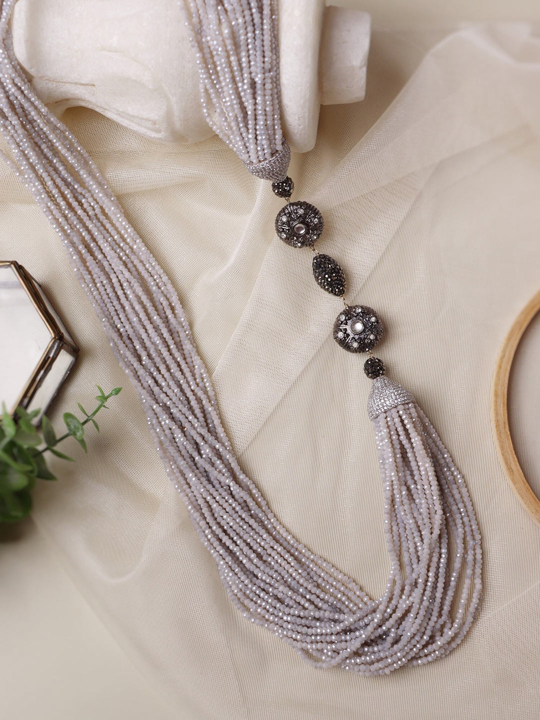 

CURIO COTTAGE Grey Beaded Rhodium-Plated Necklace