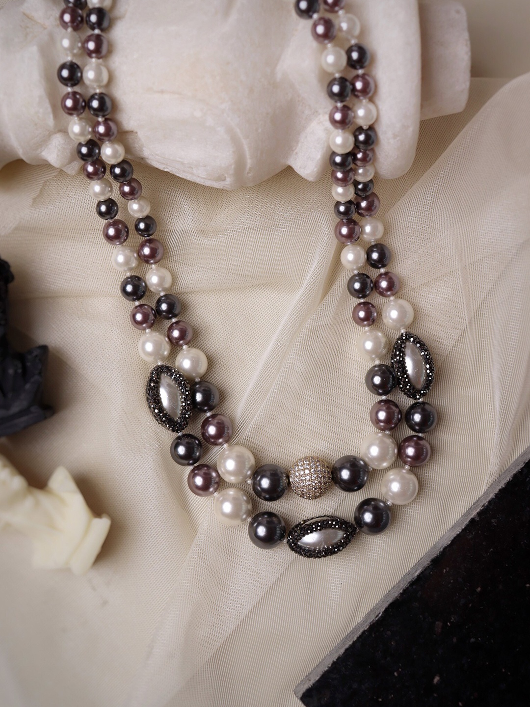 

CURIO COTTAGE Grey & White Double Layered Rhodium-Plated Necklace