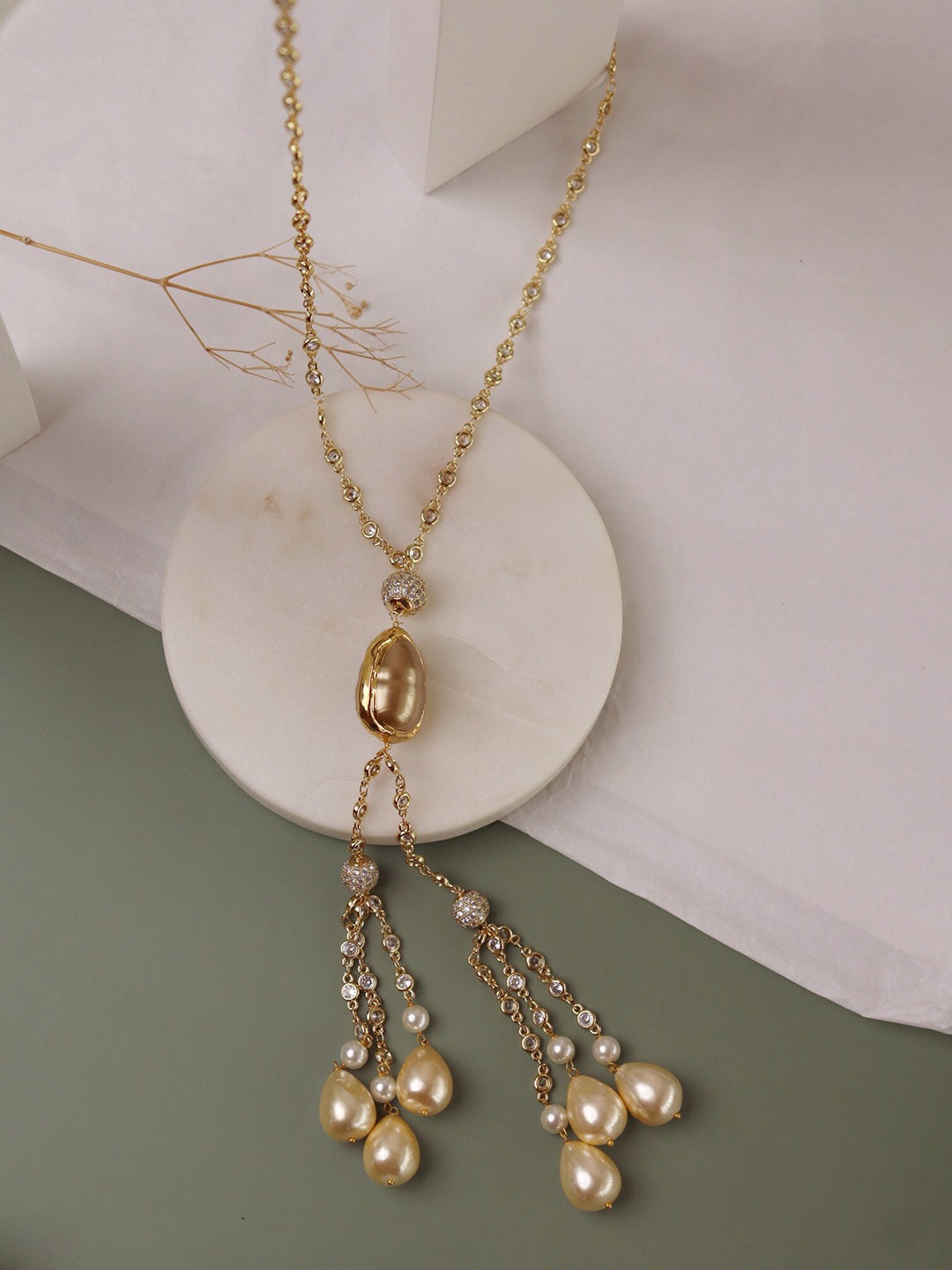 

CURIO COTTAGE Gold-Plated White Stone Studded & Beaded Tasselled Necklace