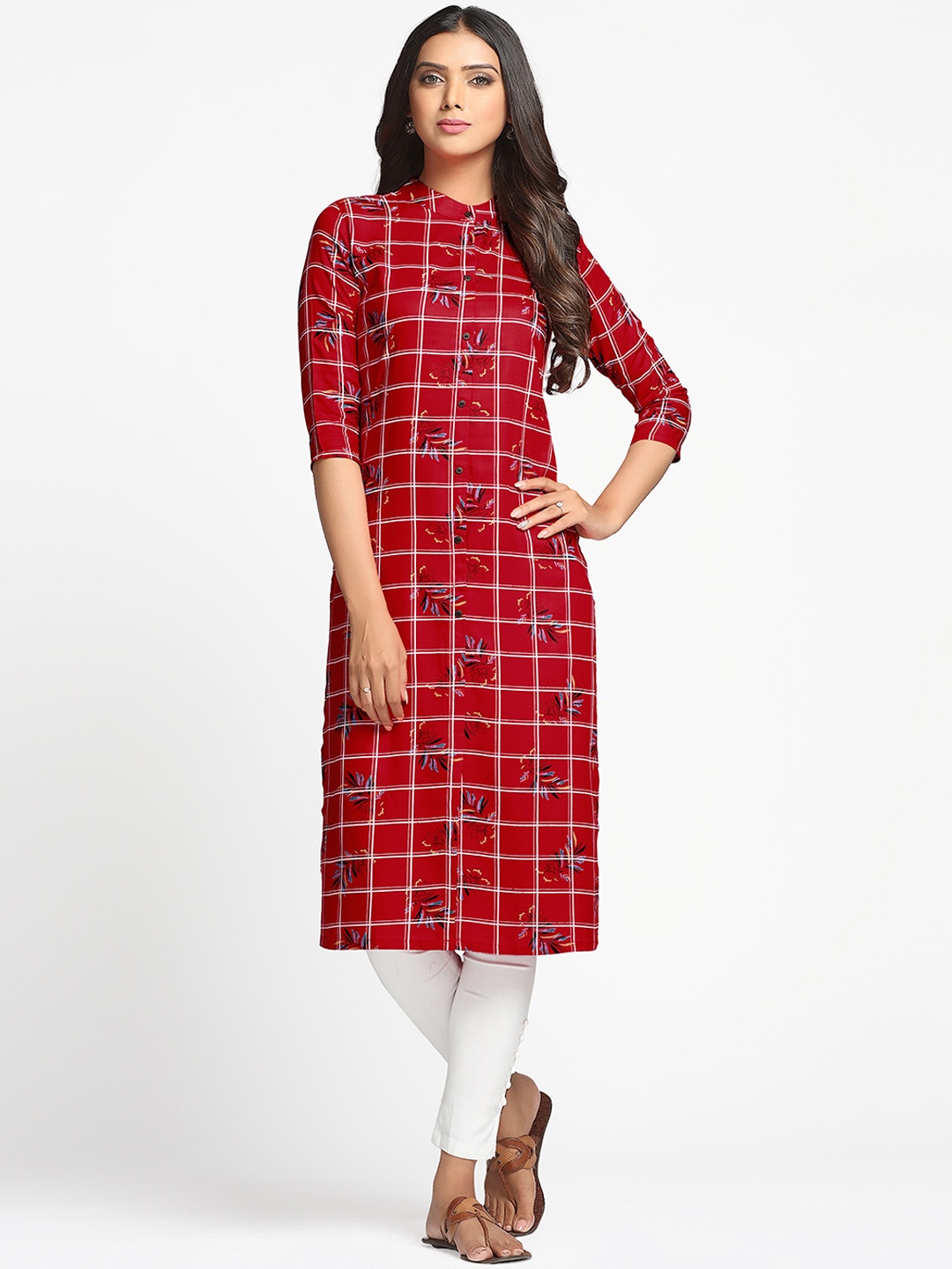 

MIMOSA Women Red Checked Thread Work Floral Kurta