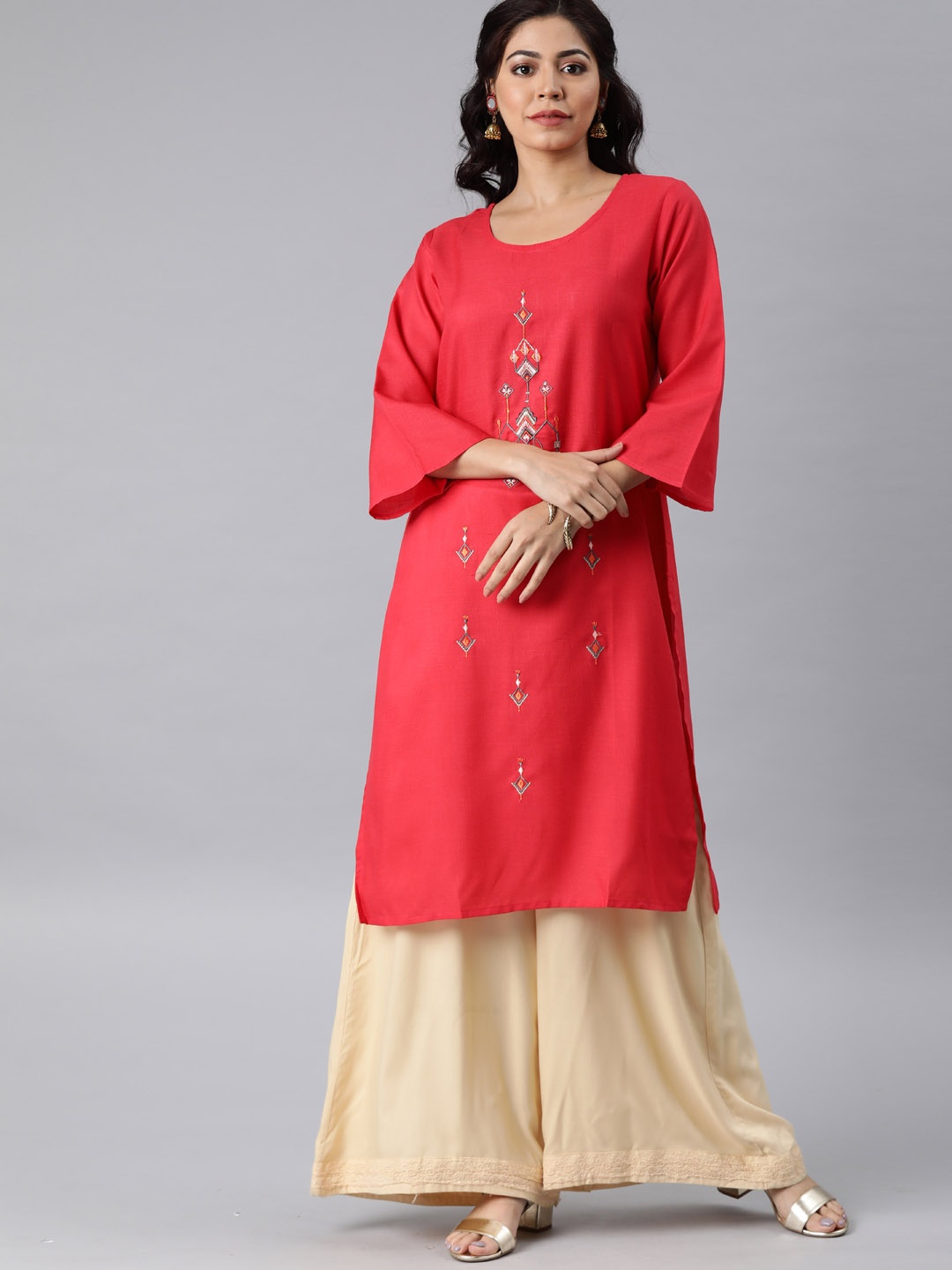 

MIMOSA Women Red Ethnic Motifs Embroidered Thread Work Kurta