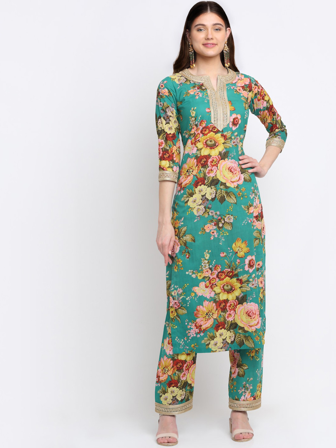 

anokherang Women Green Floral Printed Pure Cotton Kurta Set