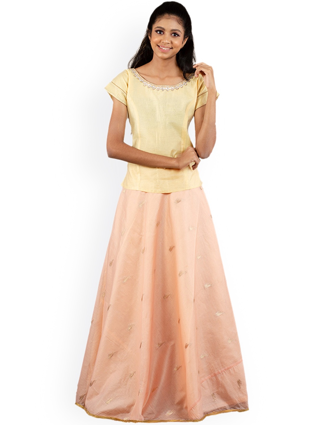 

SHIVANGI clothing Girls Peach-Coloured & Gold-Toned Top with Skirt