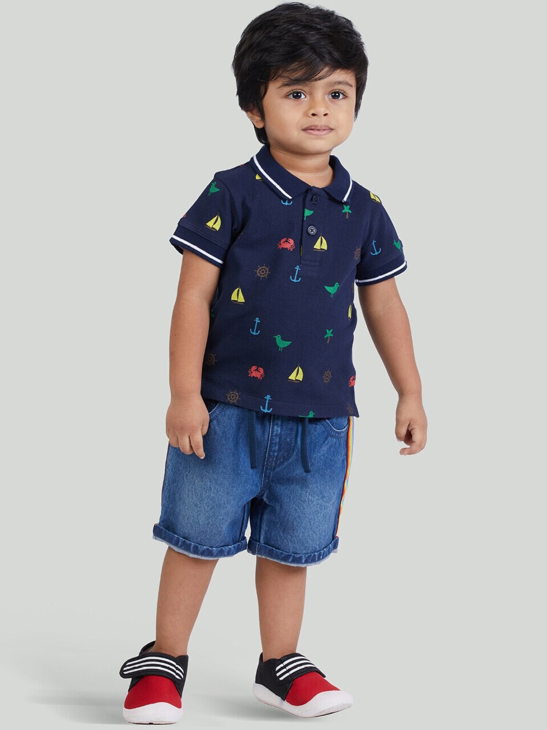

Zalio Navy Blue Boys 2-Piece Printed Polo Pique Tshirt and Denim Shorts with Side Tape