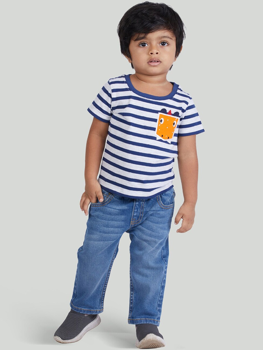 

Zalio Boys White & Blue Striped Pure Cotton T-Shirt with Denim Jeans