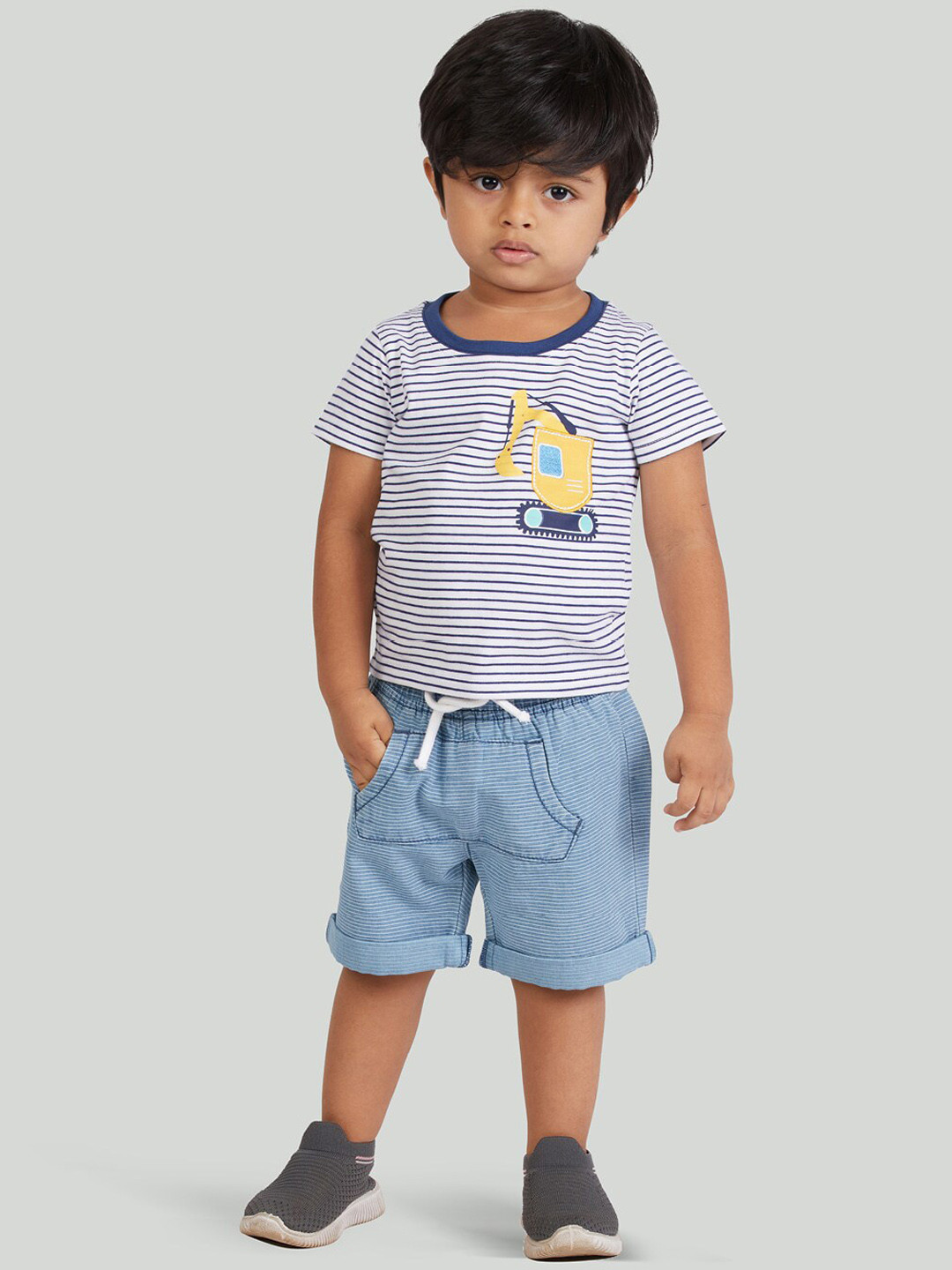 

Zalio Boys White & Blue Striped Pure Cotton T-shirt with Denim Shorts