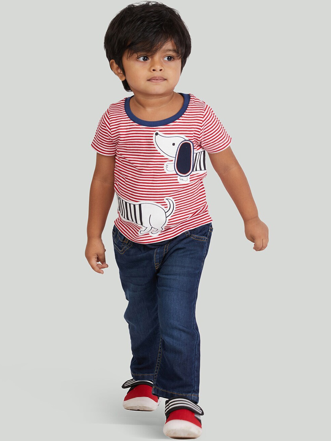 

Zalio Boys 2-Piece Pink Striped Interactive T-Shirt with Rib Waist Denim Jeans, Red