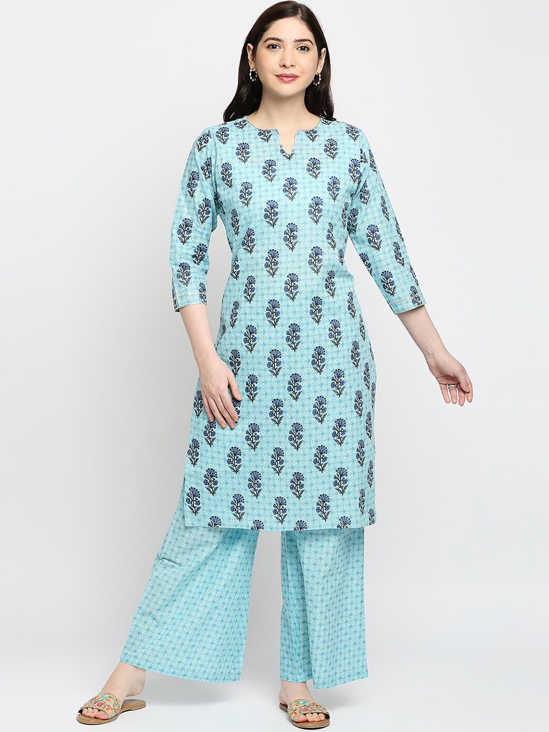 

ZRI Women Turquoise Blue Floral Printed Pure Cotton Kurta with Palazzos
