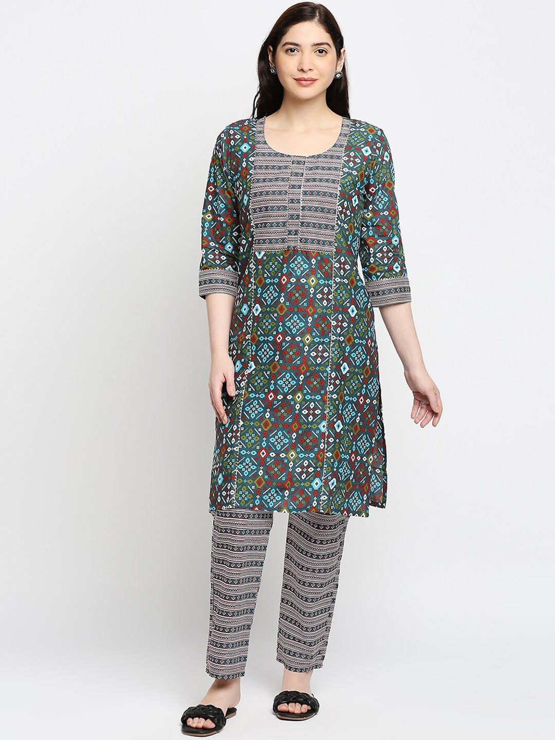

ZRI Women Multicoloured Ethnic Motifs Printed Pure Cotton Kurta with Trousers, Multi