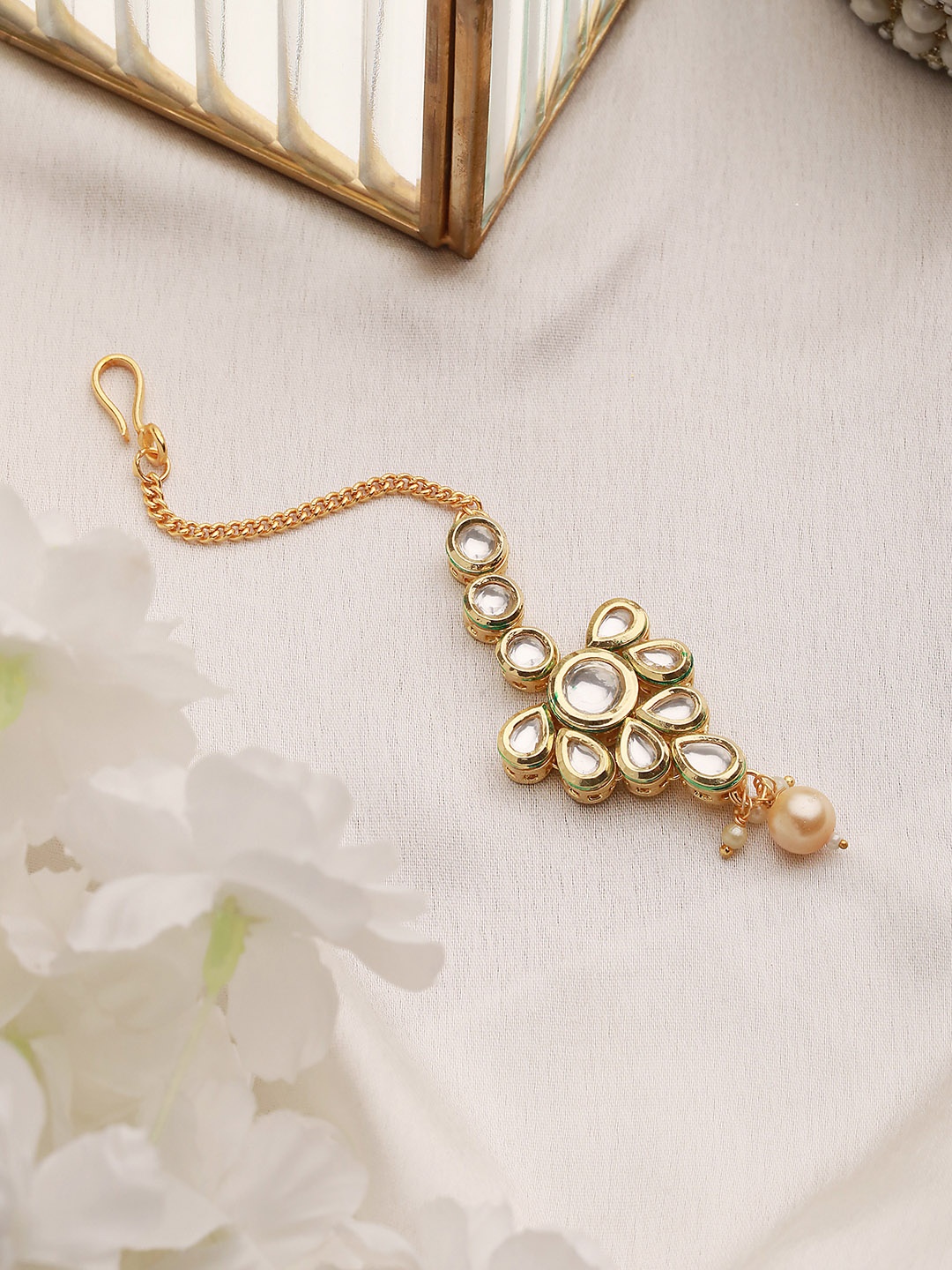 

Saraf RS Gold-Plated Kundan-Studded Pearl Drop Handcrafted Mangtika