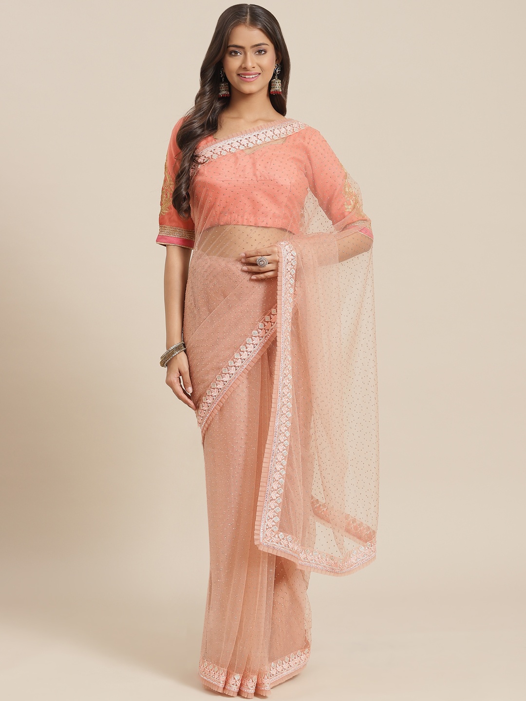 

Chhabra 555 Peach-Coloured Embroidered & Stone Embellished Tulle Saree with Pleated Border