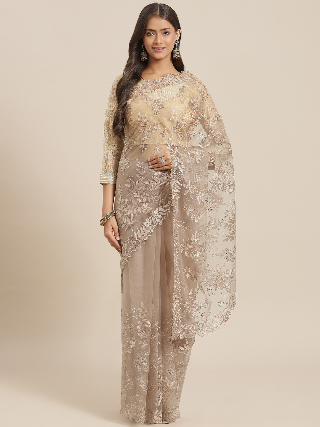 

Chhabra 555 Beige Floral Embroidered Tulle Saree With Cut-Work Scalloped Border