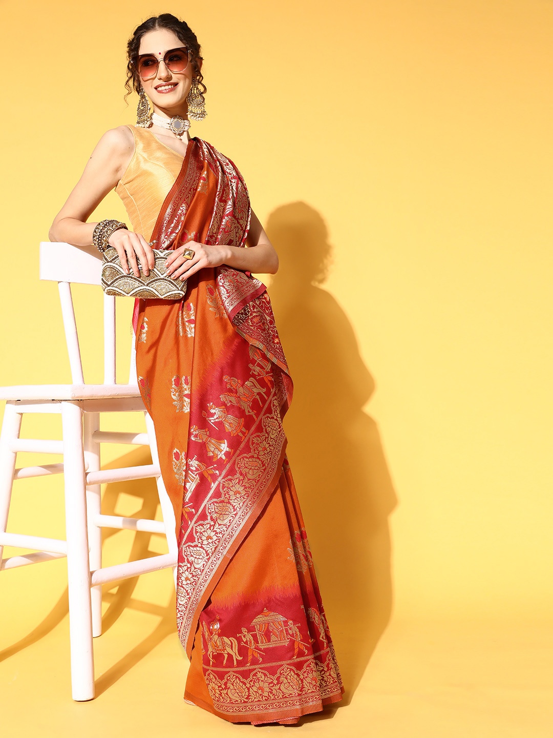 

Chhabra 555 Ethnic Motifs Saree with Zari Border, Orange