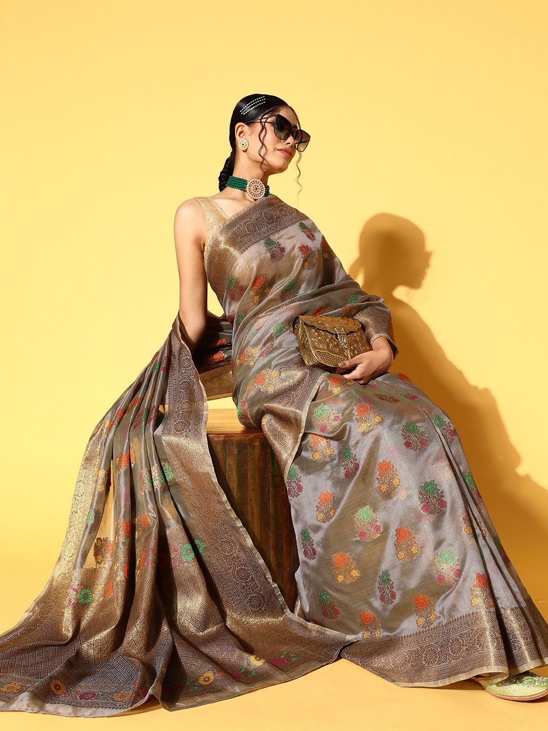 

Chhabra 555 Grey & Golden Ethnic Motifs Zari Silk Cotton Chanderi Saree