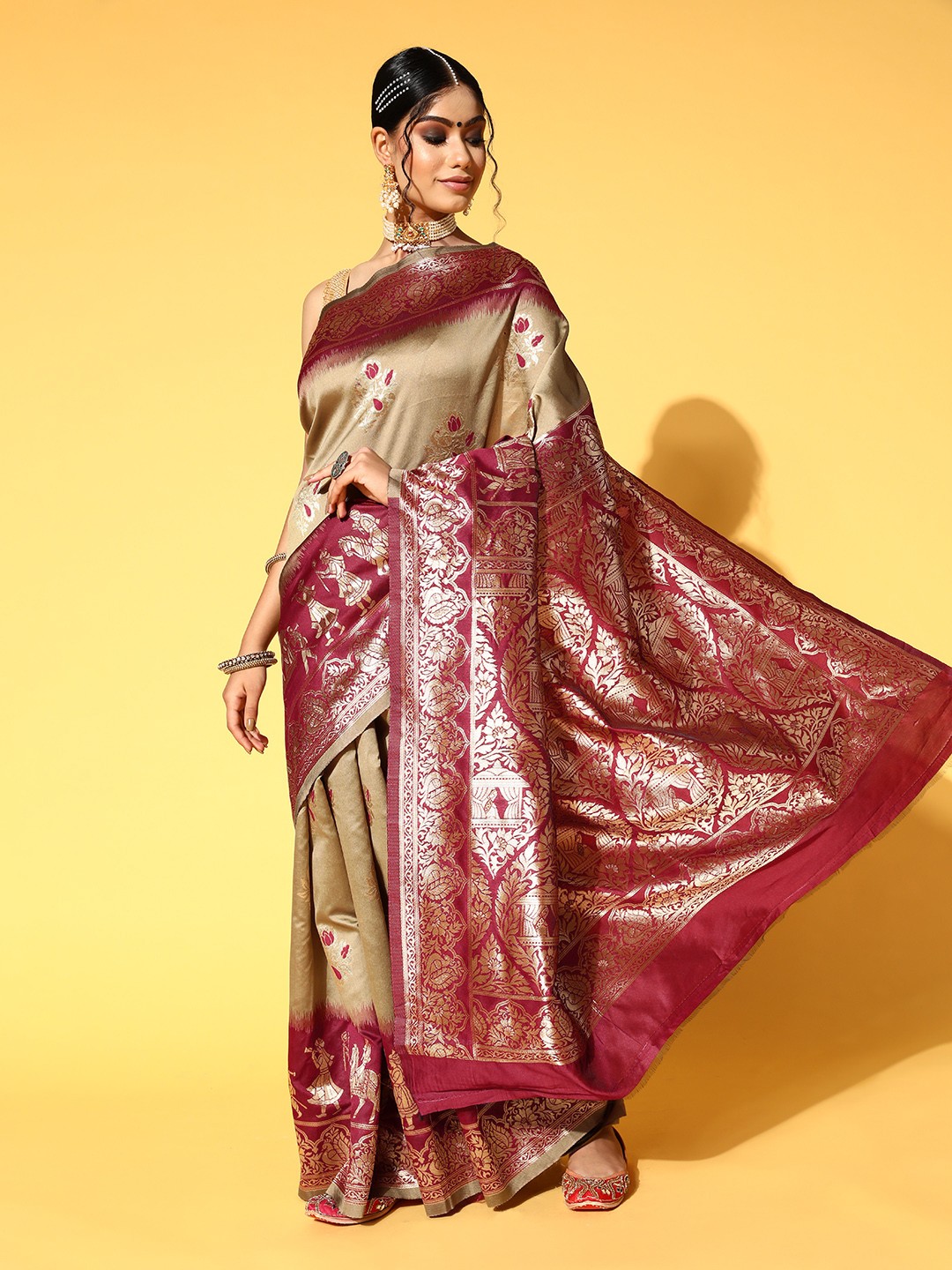 

Chhabra 555 Ethnic Motifs Saree with Woven Design border, Taupe