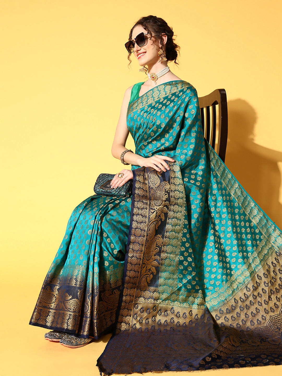 

Chhabra 555 Paisley Saree with Zari border, Teal