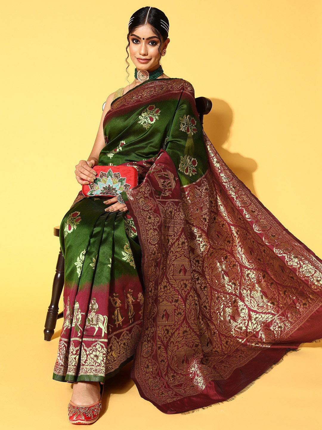 

Chhabra 555 Green & Maroon Ethnic Motifs Zari Silk Blend Banarasi Saree