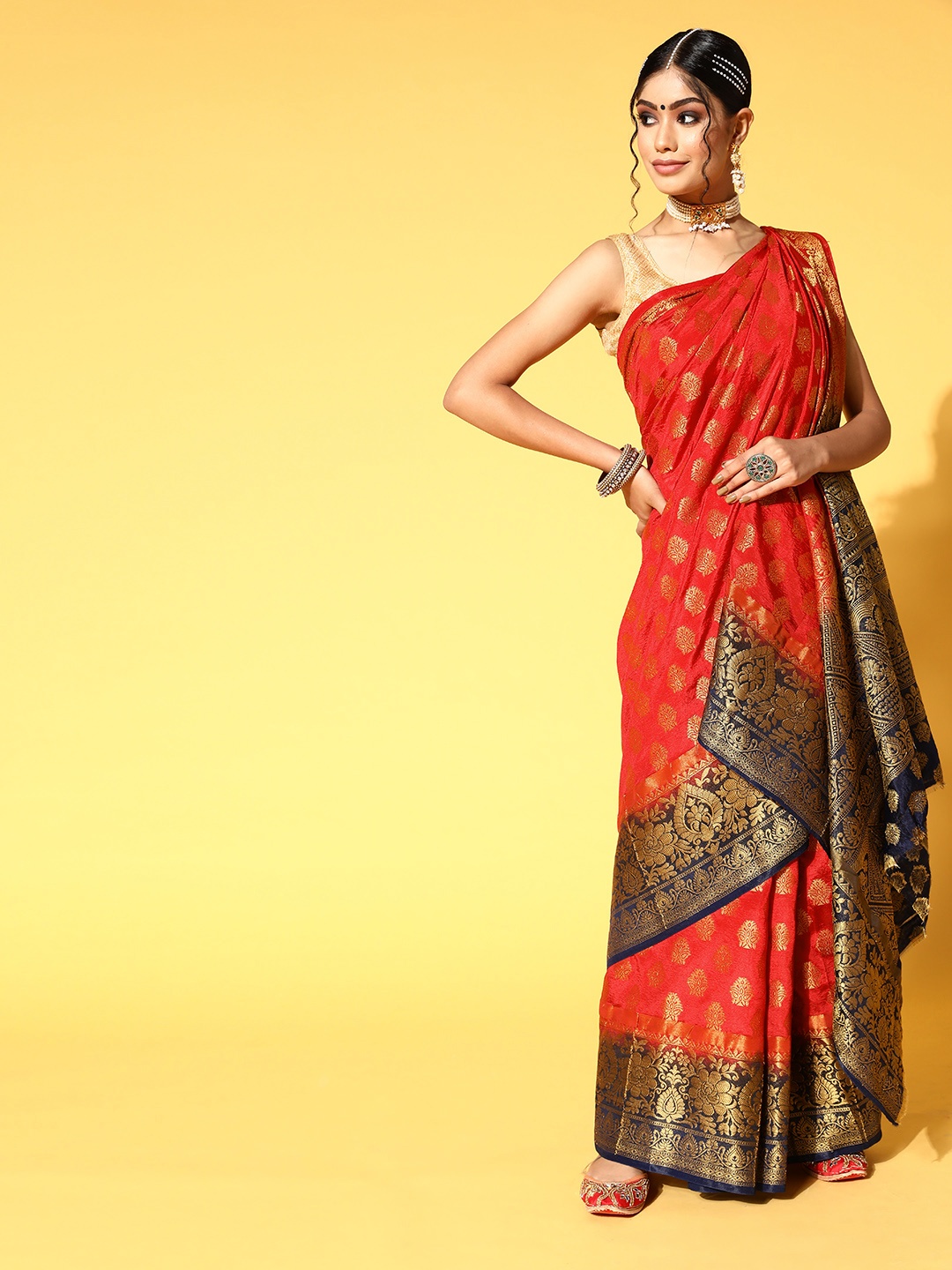 

Chhabra 555 Ethnic Motifs Saree with Zari border, Red