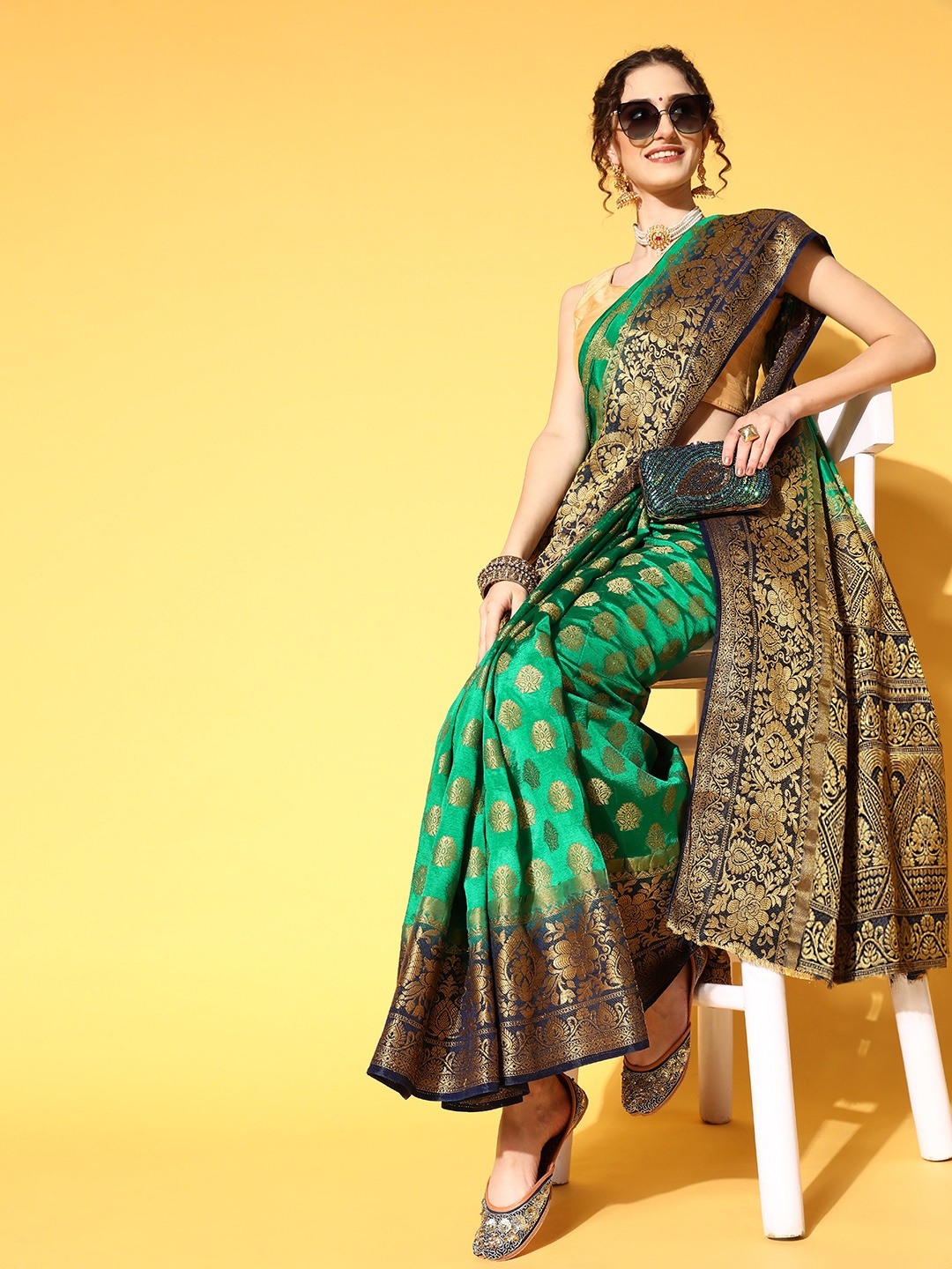 

Chhabra 555 Ethnic Motifs Saree with Zari border, Green