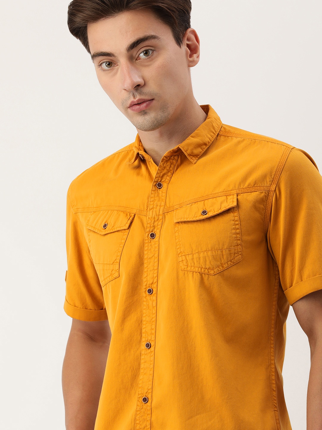 

IVOC Men Mustard Yellow Pure Cotton Solid Standard Slim Fit Casual Shirt