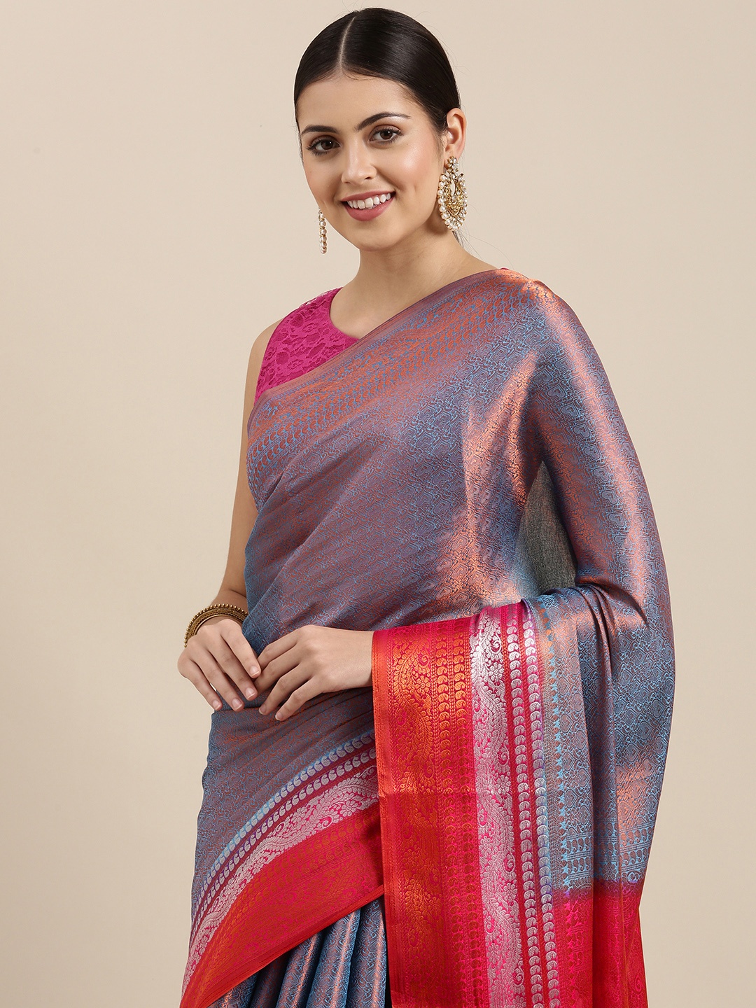 

Pothys Blue & Red Ethnic Motifs Woven Design Banarasi Saree