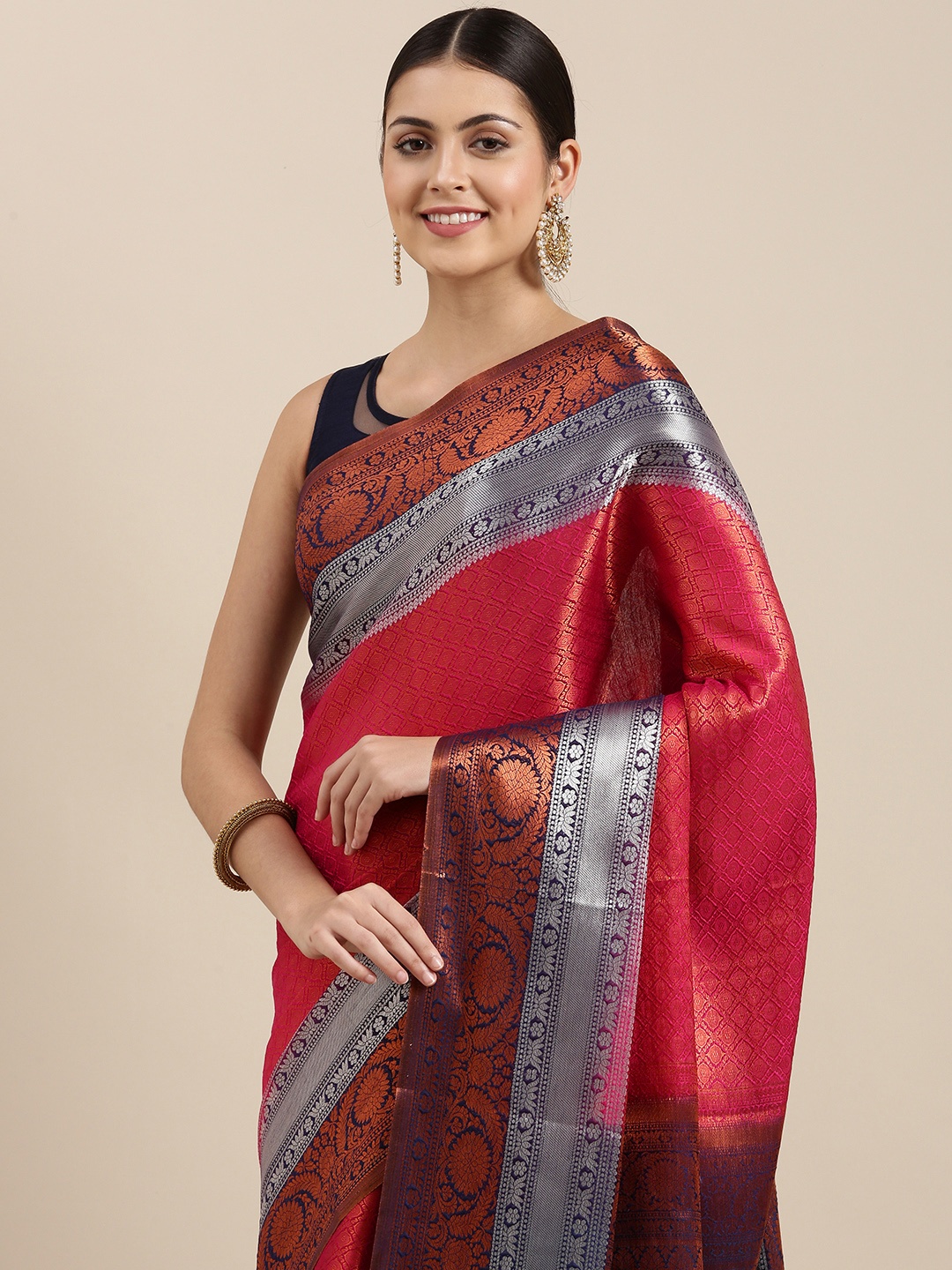 

Pothys Pink & Navy Blue Ethnic Motifs Woven Design Banarasi Saree