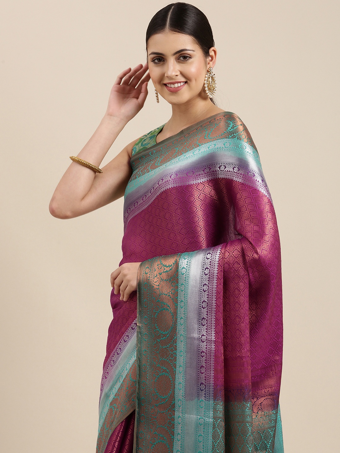 

Pothys Violet & Turquoise Blue Ethnic Motifs Woven Design Banarasi Saree