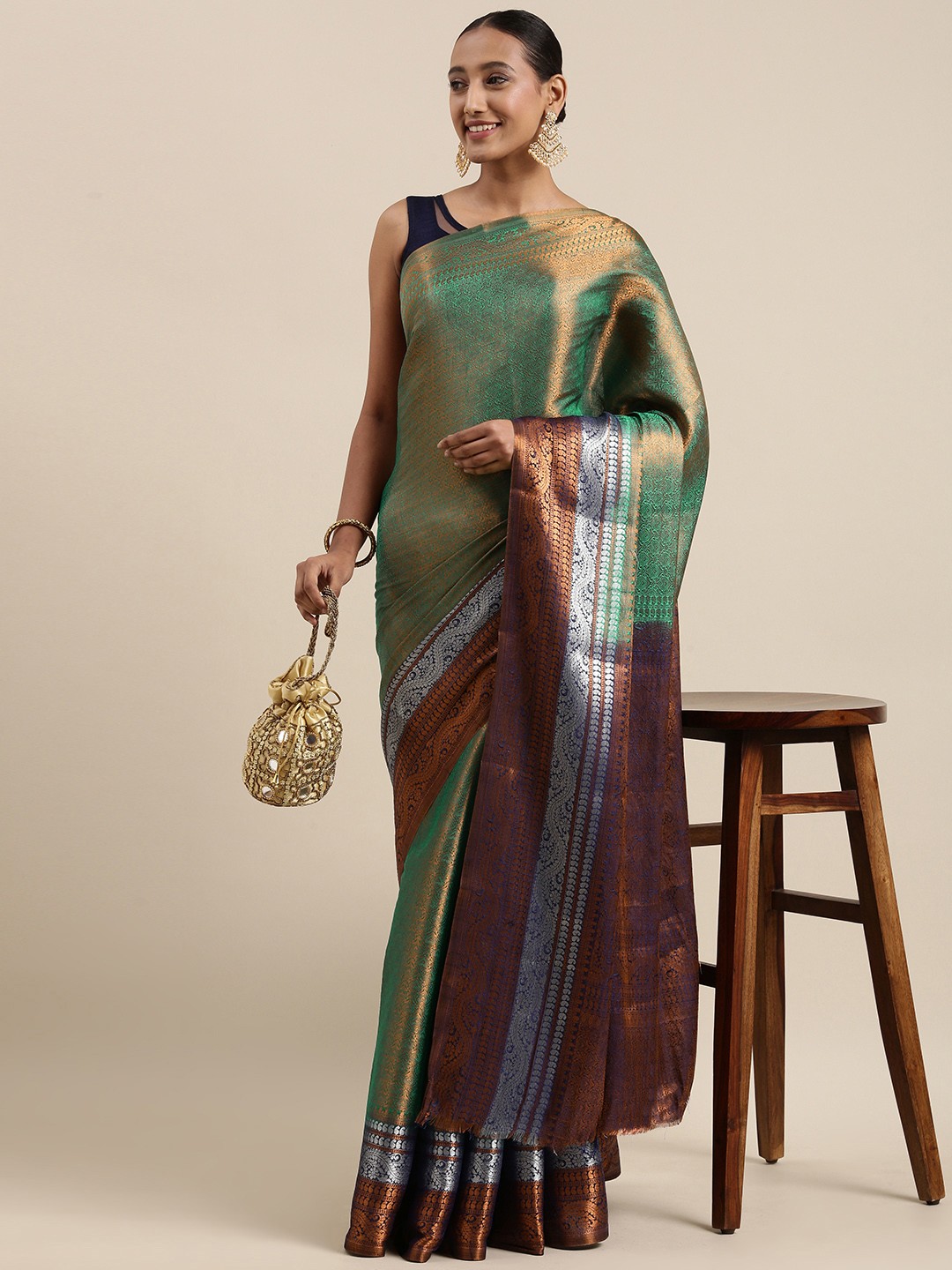 

Pothys Green & Purple Ethnic Motifs Woven Design Banarasi Saree