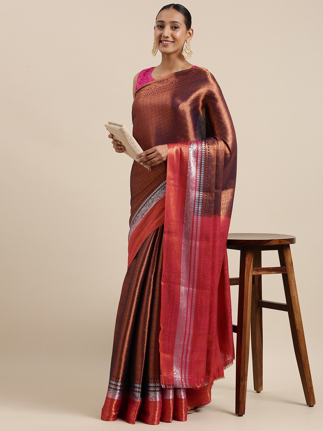 

Pothys Navy Blue & Pink Ethnic Motifs Woven Design Banarasi Saree