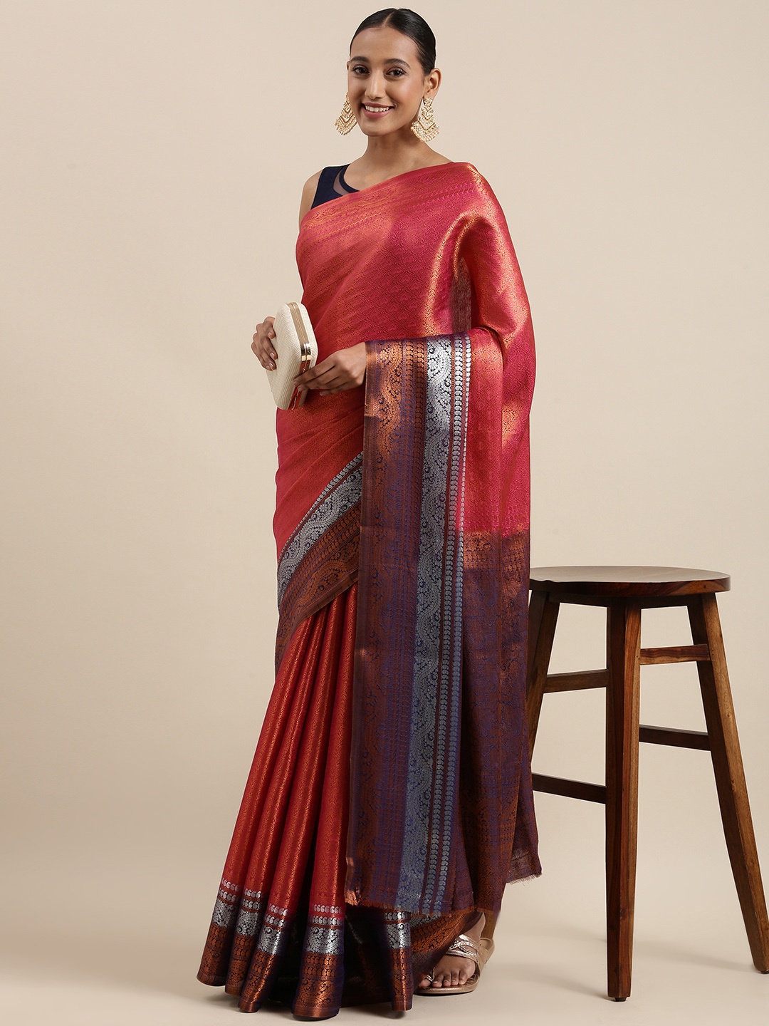 

Pothys Pink & Navy Blue Ethnic Motifs Woven Design Banarasi Saree