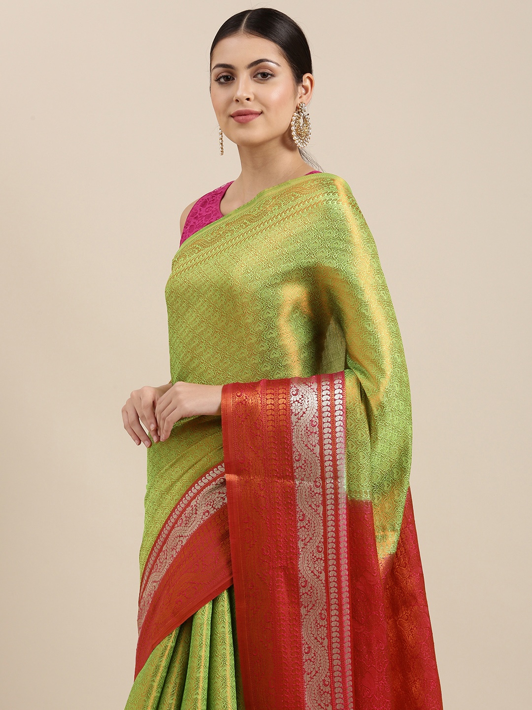 

Pothys Green & Fuchsia Ethnic Motifs Woven Design Banarasi Saree