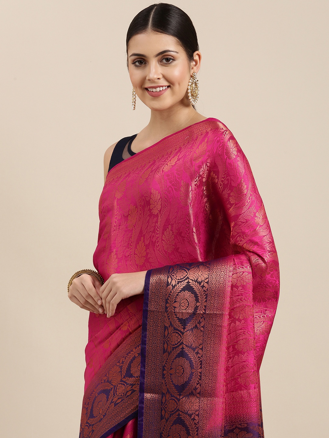 

Pothys Pink & Navy Blue Ethnic Motifs Woven Design Banarasi Saree