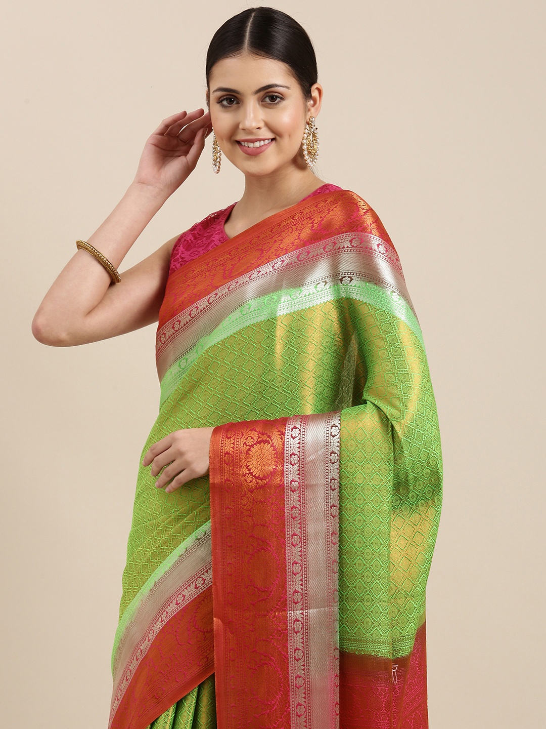 

Pothys Green & Red Ethnic Motifs Woven Design Banarasi Saree