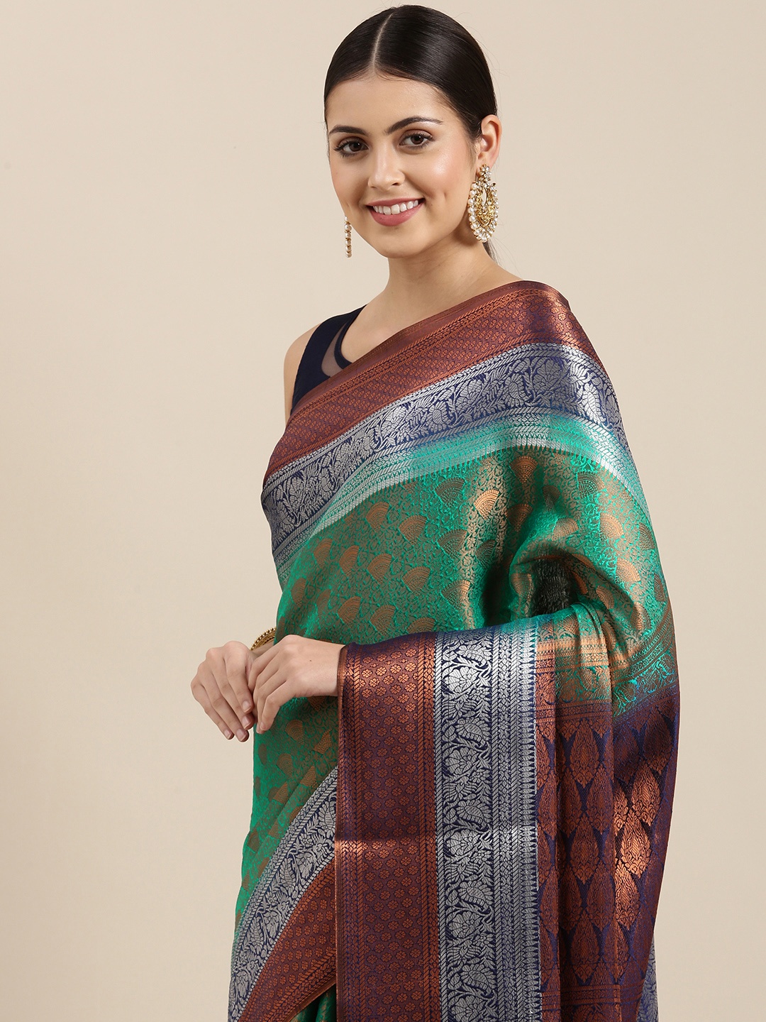 

Pothys Green & Navy Blue Ethnic Motifs Woven Design Banarasi Saree
