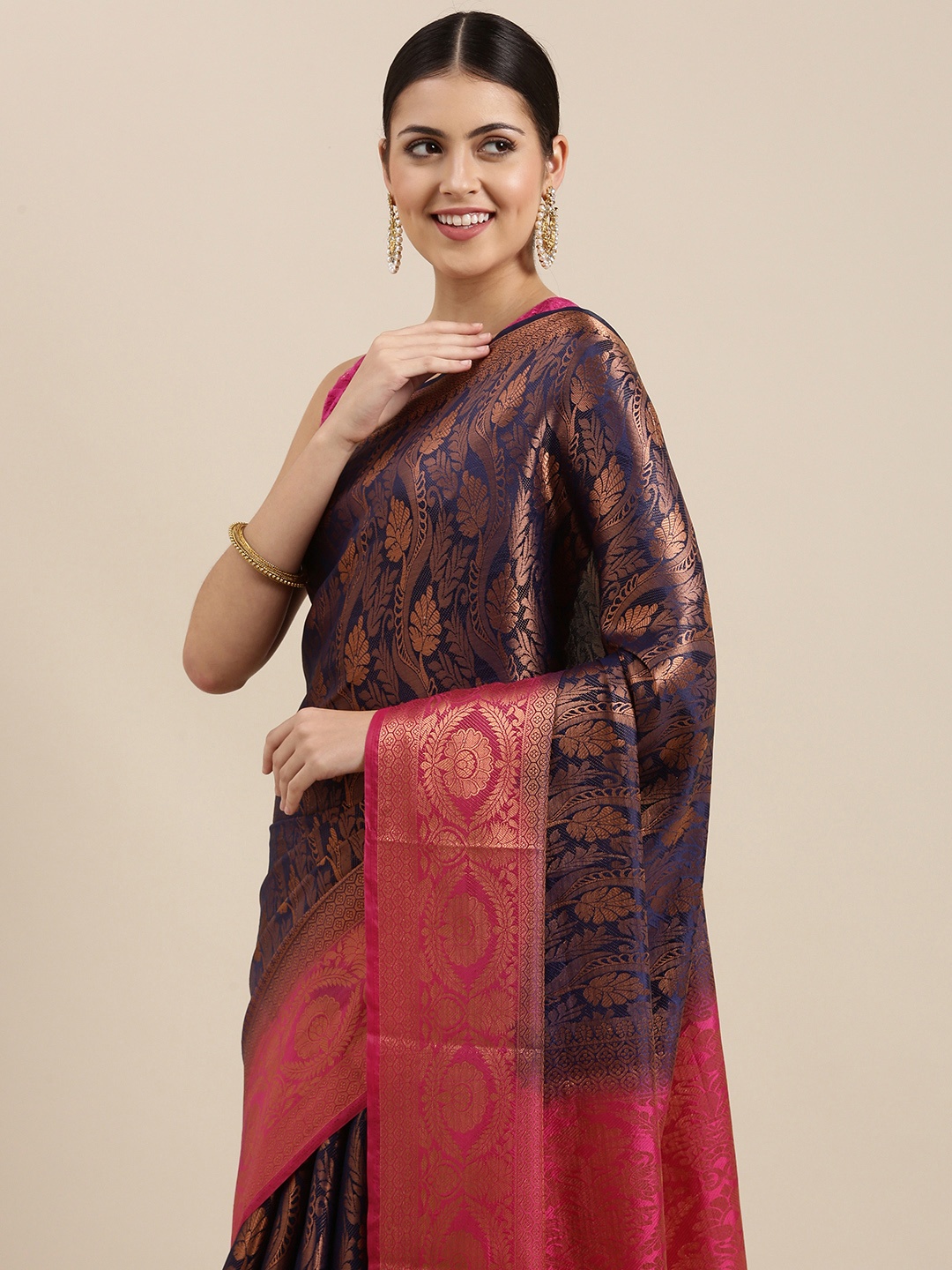 

Pothys Navy Blue & Pink Ethnic Motifs Woven Design Banarasi Saree