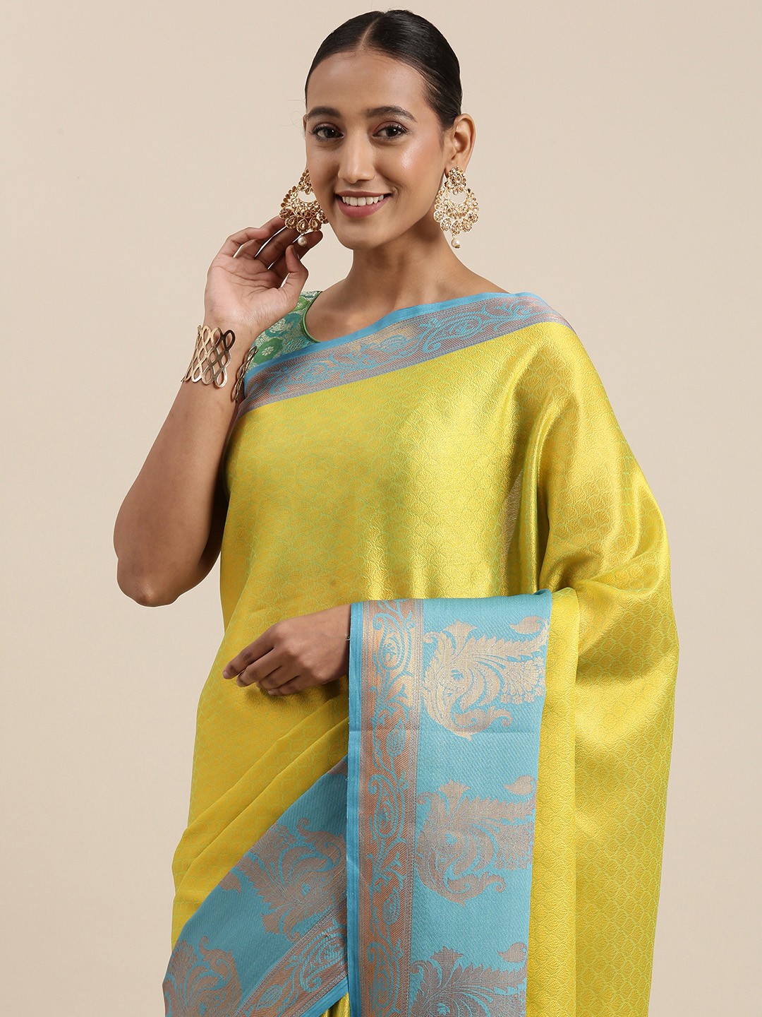 

Pothys Green & Blue Ethnic Motifs Woven Design Jute Silk Saree