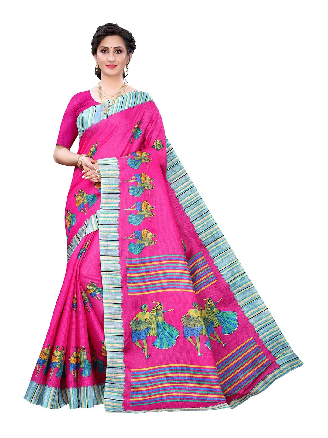 

AADVIKA Pink & Yellow Printed Art Silk Mysore Silk Saree