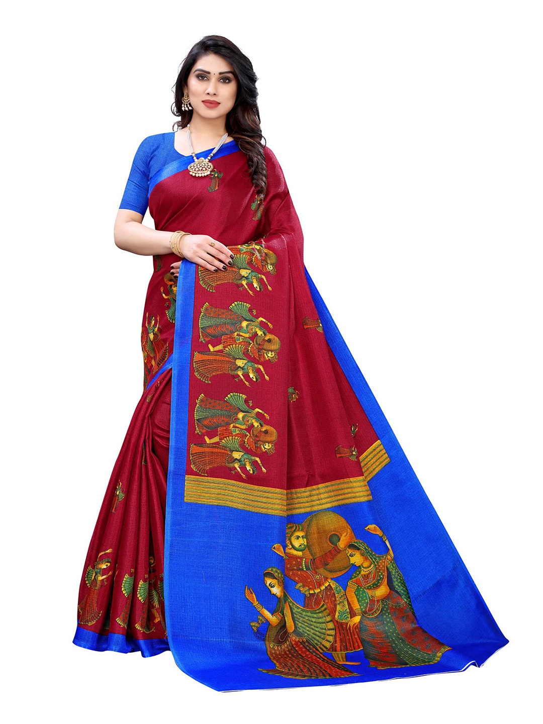 

AADVIKA Maroon & Blue Ethnic Motifs Art Silk Mysore Silk Saree