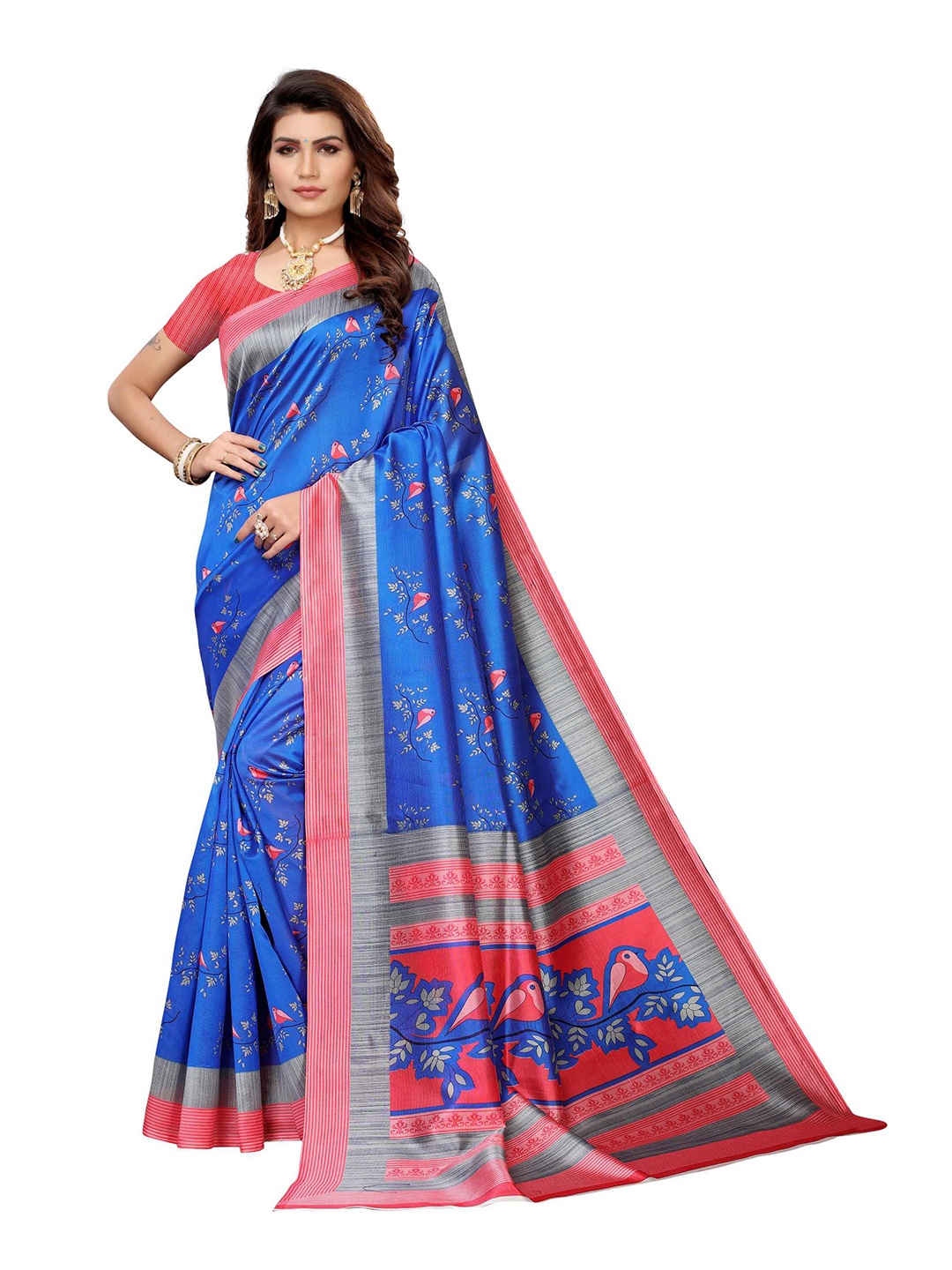 

AADVIKA Blue & Red Floral Printed Art Silk Mysore Silk Saree