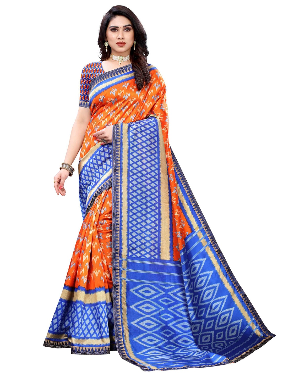 

AADVIKA Orange & Blue Art Silk Mysore Silk Saree