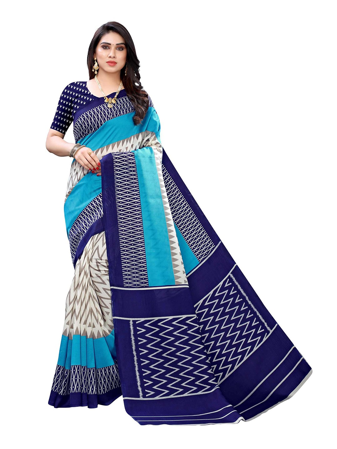 

AADVIKA Blue & Grey Printed Mysore Silk Saree