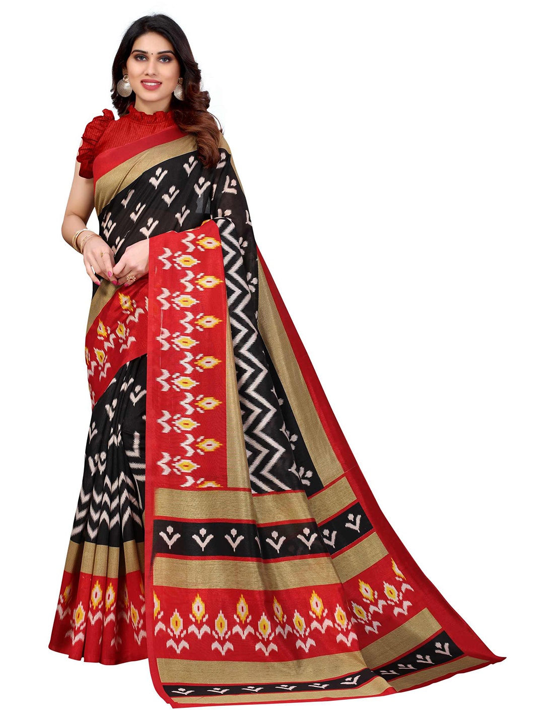 

AADVIKA Black & Red Ethnic Motifs Art Silk Mysore Silk Saree