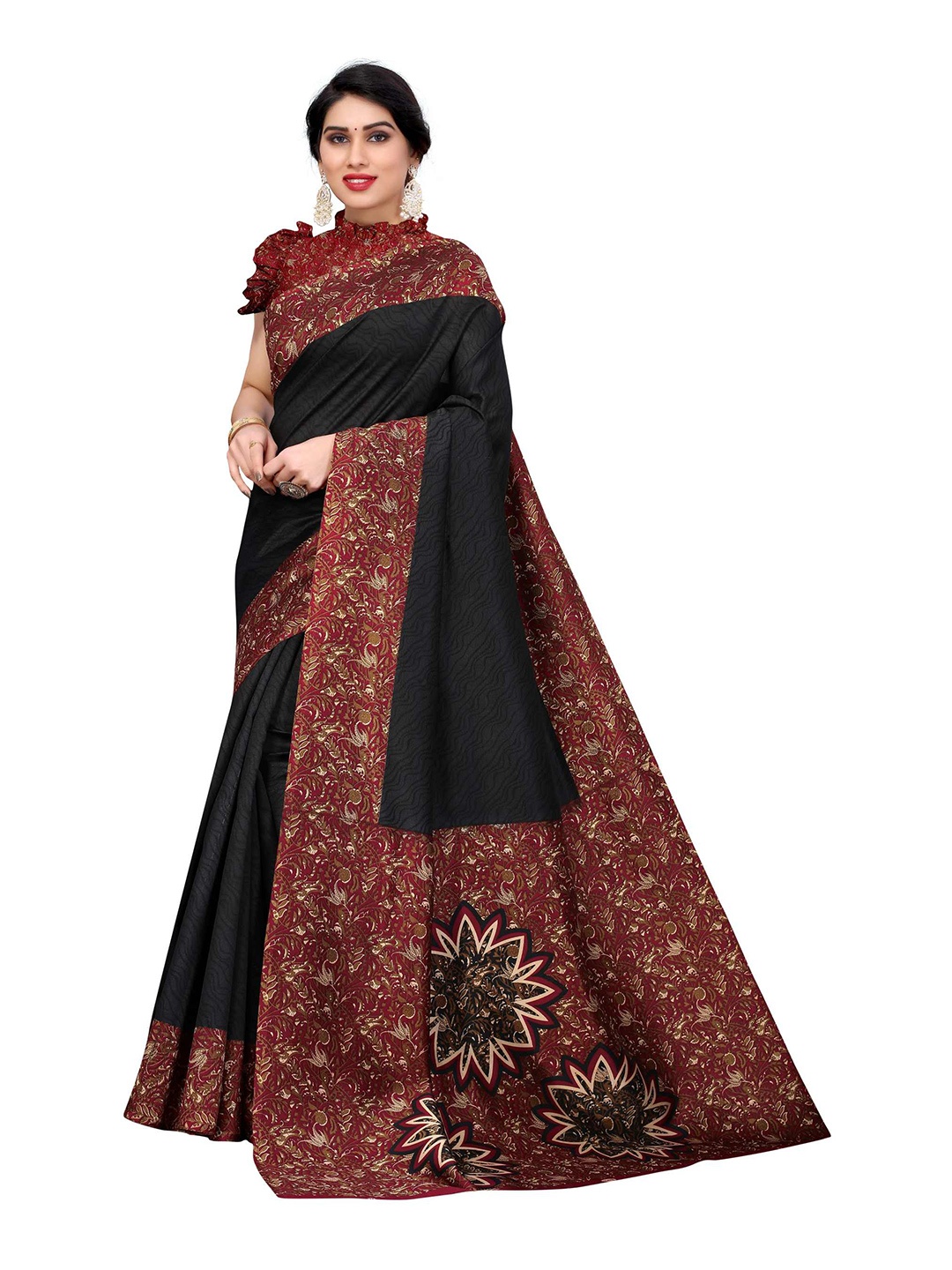 

AADVIKA Black & Maroon Floral Art Silk Mysore Silk Saree