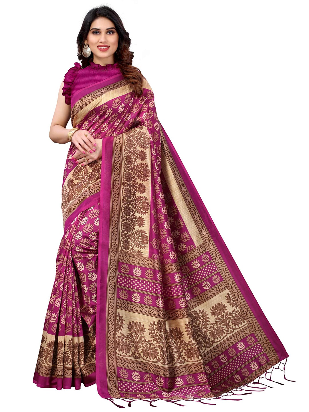 

AADVIKA Purple & Tan Ethnic Motifs Art Silk Mysore Silk Saree