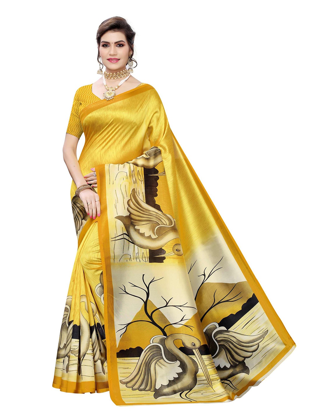 

AADVIKA Yellow & Black Ethnic Motifs Printed Mysore Silk Saree